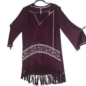 Monoreno Women's Faux Suede Hooded Long Top‎ Burgundy M Embroidered Fringed EUC